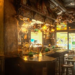 Interieur van bruine kroeg De Slimmerick in Naaldwijk met een bruine bar, barkrukken , zacht licht en hangende glazen boven de bar