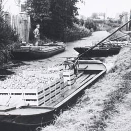 historische zwart-wit foto van een tuinder die vanaf de kant met een houten stok zijn platte boot voortduwt met daarop kisten met groenten en fruit in het Westland