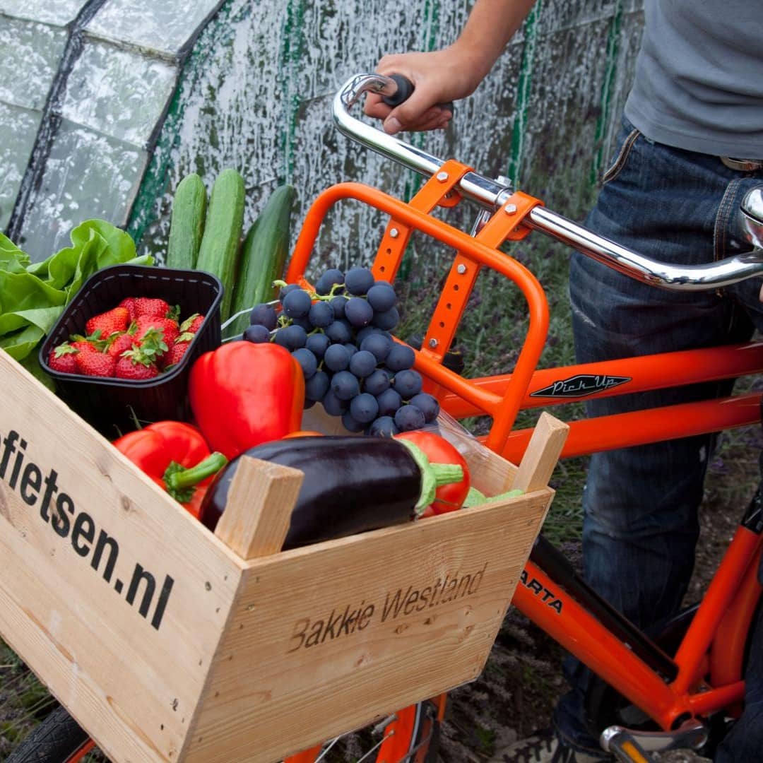 rode fiets met een houten kratje (bakkie) voorop met daarin Westlandse groenten bij Bakkie Fietsen in het Westland