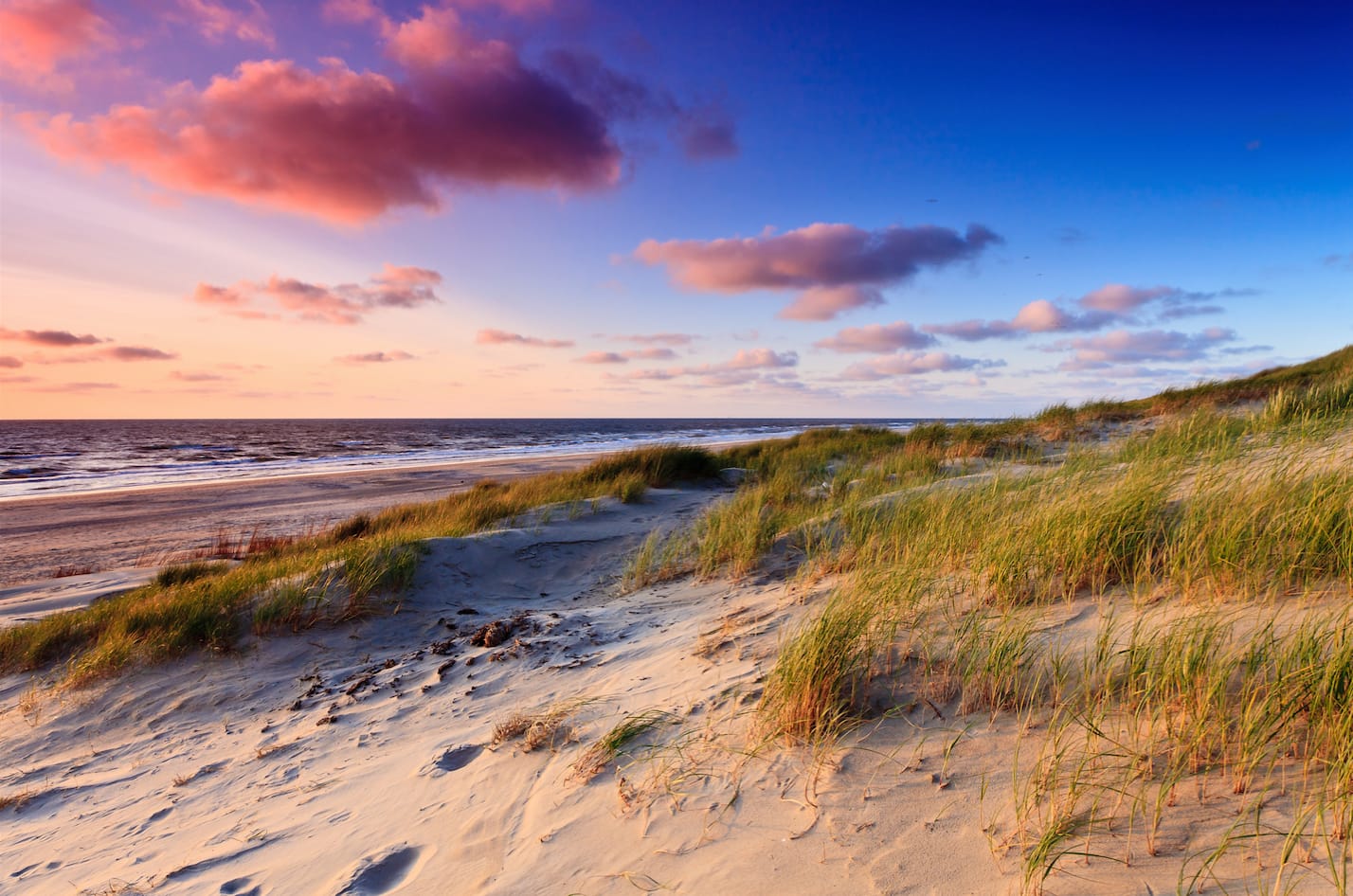 foto van zandduinen in het Westland begroeid met groen helmgras en in de achtergrond de zee met wolken en een rode gloed van de zon