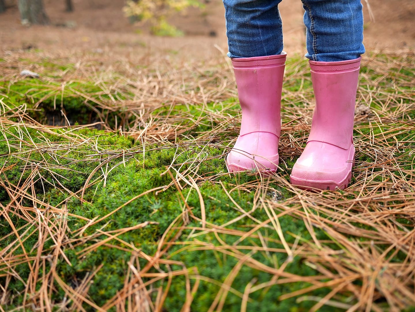 Kindje in roze laarzen wandelt in het bos in Westland
