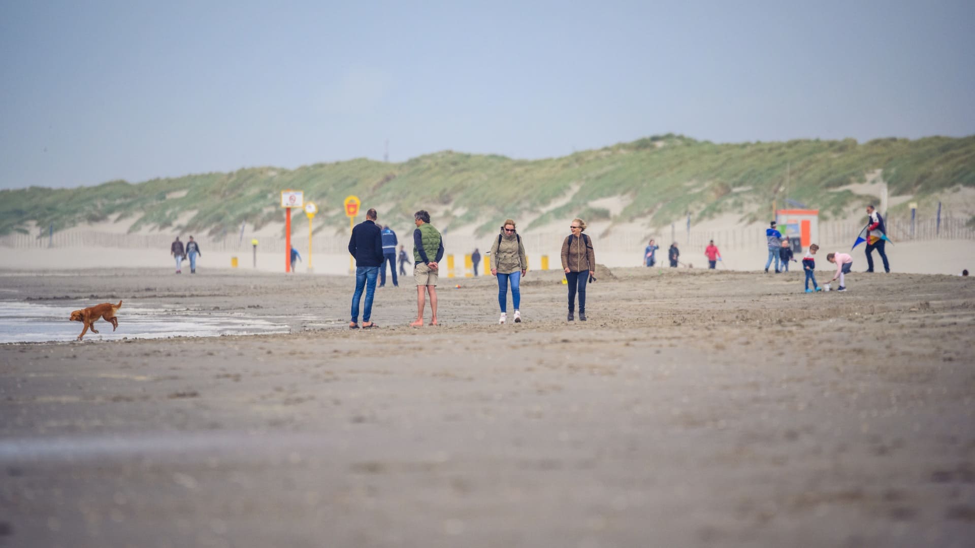 wandelaars op het strand van het Westland in het najaar met jassen aan