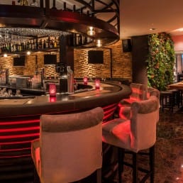 bar van Hotel Restaurant Unicum Elzenhagen in het Westland met hoge barstoelenn, een rond bar en rode ledverlichting